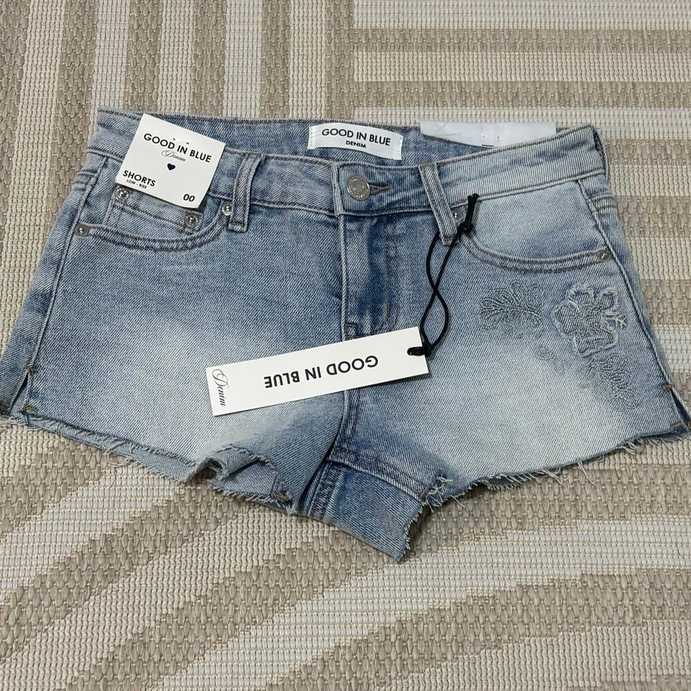 Good In Blue Y2K New With Tag Floral Embrodiered Light Wash Jean Shorts Size 00